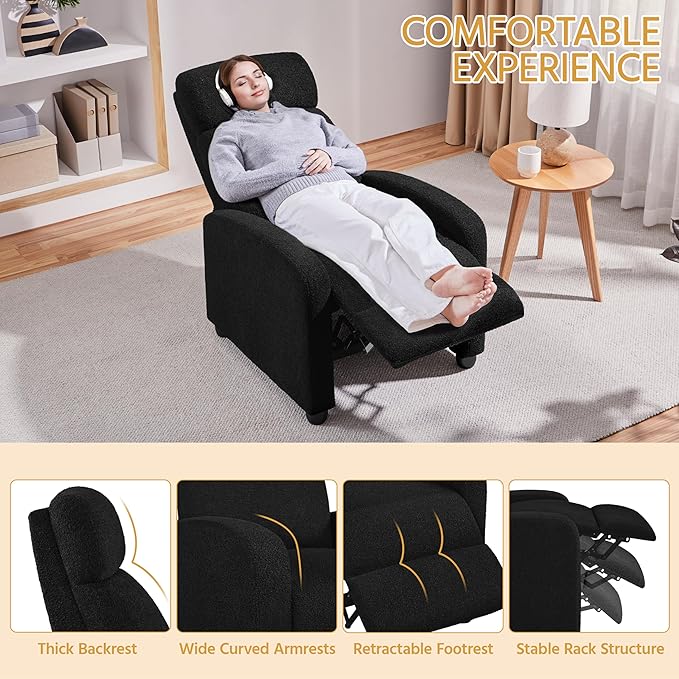 Yaheetech Boucle Recliner Chair Single Sofa Home Theater Seating Adjustable Modern Single Reclining Chair for Living Room Bedroom Home Theater Black