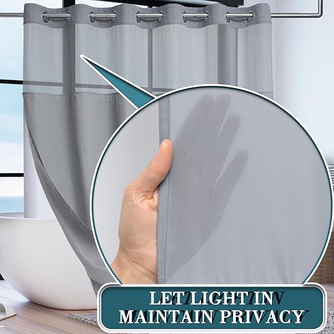 Conbo Mio Extra Wide No Hook Waffle Weave Shower Curtain with Snap in Liner Set, 108" x 74" Hotel Luxury Grey Shower Curtains for Bathroom with See Through Top Window, Waterproof, Washable 108W x 74H