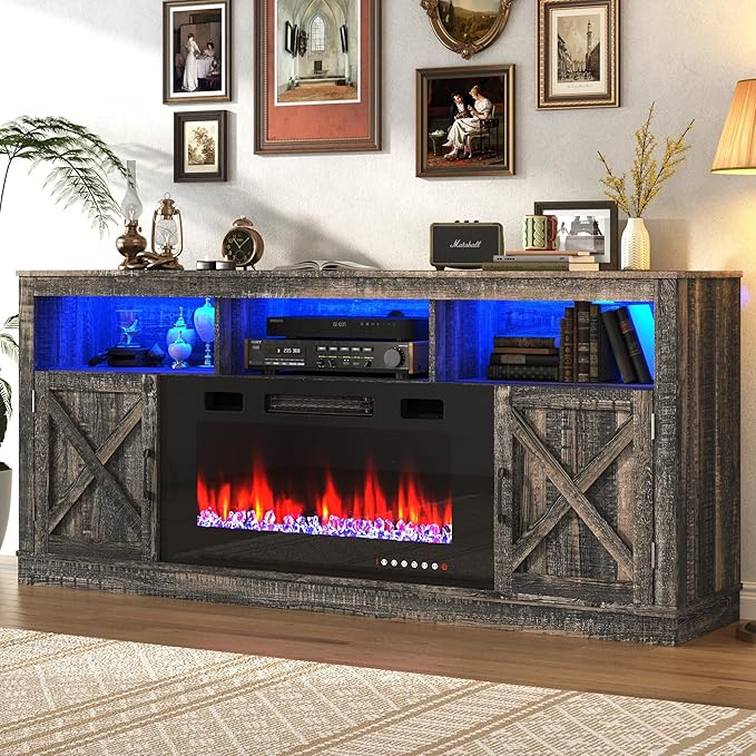 Farmhouse TV Stand with 36" Fireplace for 80" TV, 70" Fireplace Entertainment Center with Barn Doors and LED Light, Tall Fireplace TV Stands for Living Room, Dark Rustic Oak