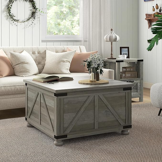 HOMCOM Farmhouse Coffee Table, 31.5" Square Coffee Table with Storage, Living Room Center Table with Hinged Flip Lift Top and Hidden Space, Distressed Gray