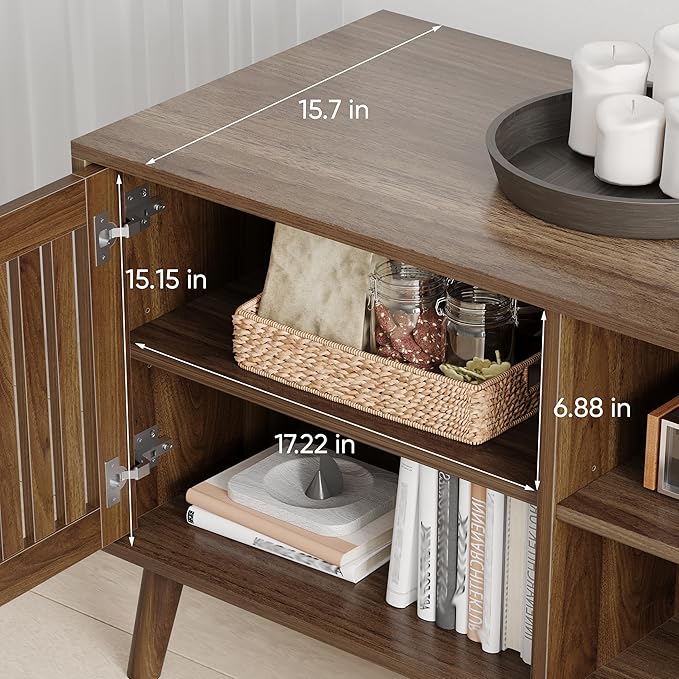 63" TV Stand, Mid-Century Modern Media Console with 2 Louvered Doors, Adjustable Shelves, Entertainment Center with Golden Handles for Living Room, Bedroom, Walnut