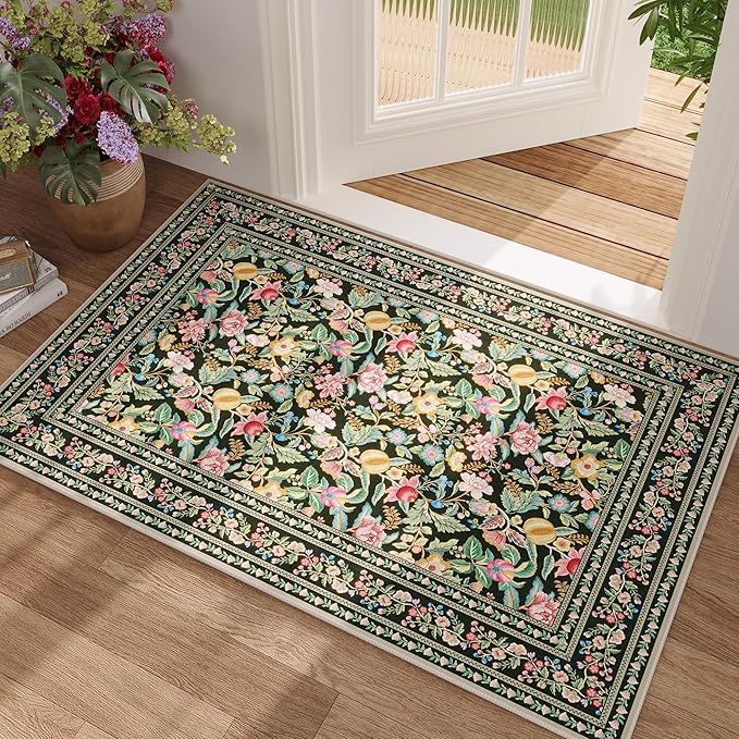 Door Mat Indoor Entrance 2x3 Rug Machine Washable Vintage Floral Small Area Rug Non-Slip Low Pile Throw Rugs for Entryway, Kitchen, Front Door Indoor Entrance, Entry, Kids Room, Green