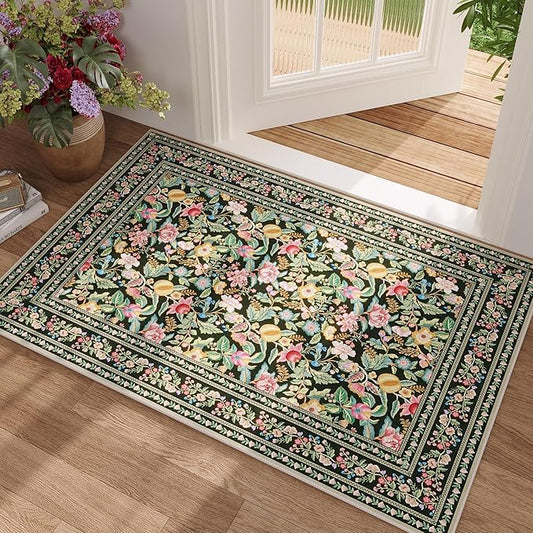 Door Mat Indoor Entrance 2x3 Rug Machine Washable Vintage Floral Small Area Rug Non-Slip Low Pile Throw Rugs for Entryway, Kitchen, Front Door Indoor Entrance, Entry, Kids Room, Green
