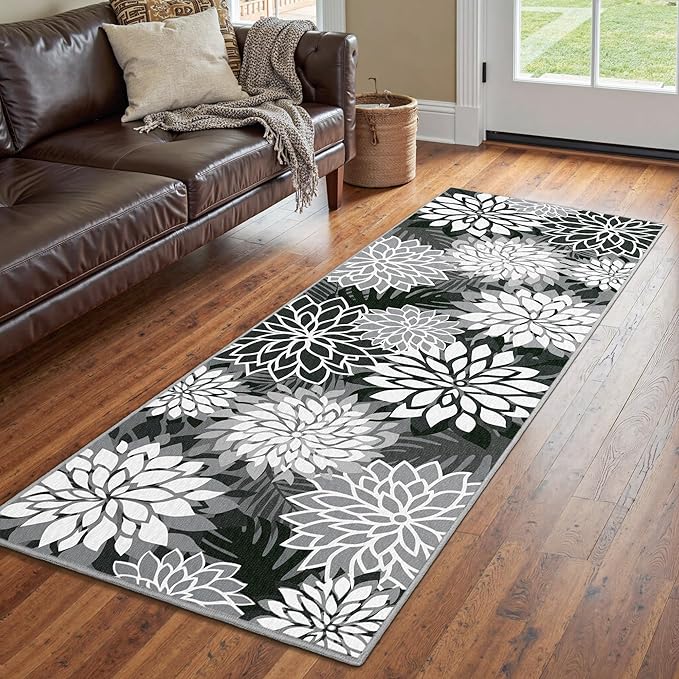 Area Rug 2x6 Black White Washable Entry Rug Multicolored Tropical Botanical Modern Floral Indoor Kitchen Door Mat Entrance Carpet Non Slip for Bedroom Living Room, Porch