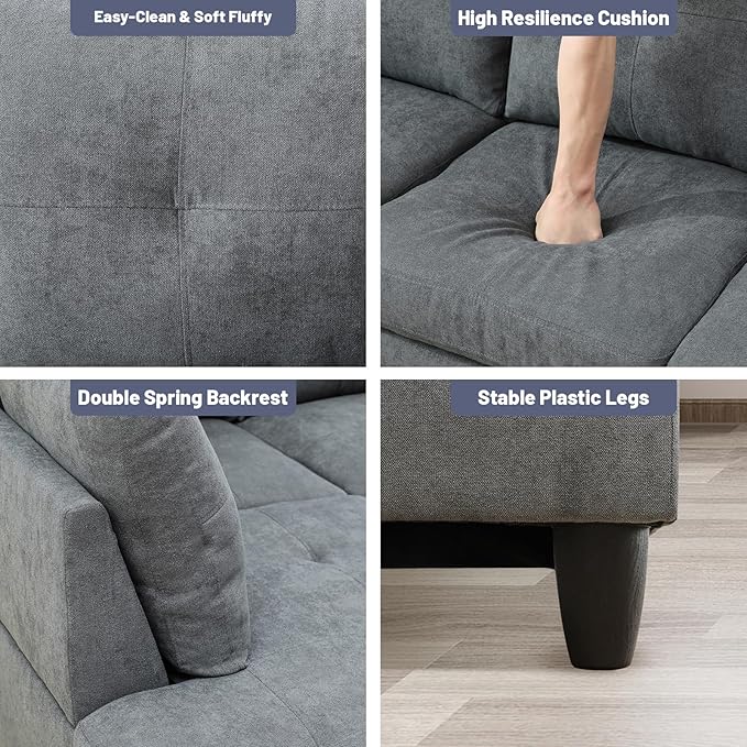 L-Shape 3-Piece Cloud Sofa, Couch for Living Room, Dark Grey Fluffy Fabric L-Shape with Reversible Chaise & Storage Ottoman, Ergonomic 110–115° Recline, Solid-Wood Frame