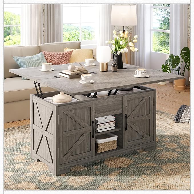 Lift Top Coffee Table with Storage, 4 in 1 Multi-Function Convertible Tea Tables with Hidden Compartment, Farmhouse Center Table Converts to Dining Table for Living Room, Grey