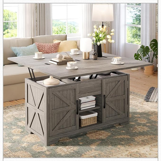 Lift Top Coffee Table with Storage, 4 in 1 Multi-Function Convertible Tea Tables with Hidden Compartment, Farmhouse Center Table Converts to Dining Table for Living Room, Grey