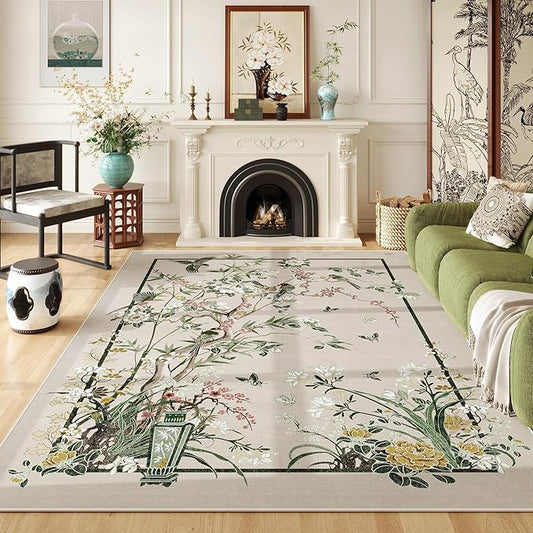 Area Rugs 8x10 Clearance Chinoiserie-Style Floral Vintage Machine Washable Non Slip Low Pile Large Rug for Bedroom, Farmhouse, Dining Room, Kids Playroom, Beige