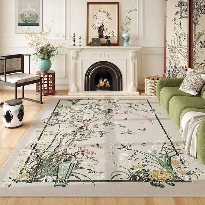 5x7 Area Rugs Chinoiserie-Style Floral Vintage Large Washable Rug Non Slip Low Pile for Living Room, Bedroom, Farmhouse, Dining Room, Kids Playroom, Beige