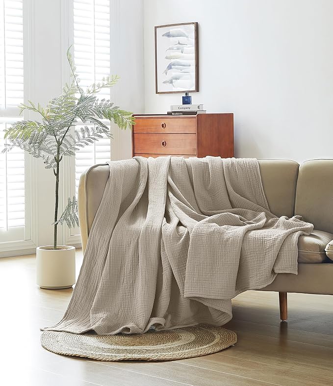 100% Cotton Muslin King Blanket (108" x 90") – A Luxuriously Soft, 4-Layer Lightweight and Breathable Gauze Blanket, Perfect for Year-Round use on beds, couches (Khaki, King)