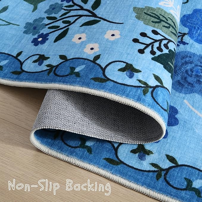 Door Mat Indoor Entrance 2x3 Rug Machine Washable Boho Floral Small Area Rug Non-Slip Low Pile Throw Rugs for Entryway, Kitchen, Front Door Indoor Entrance, Entry, Kids Room (Blue)
