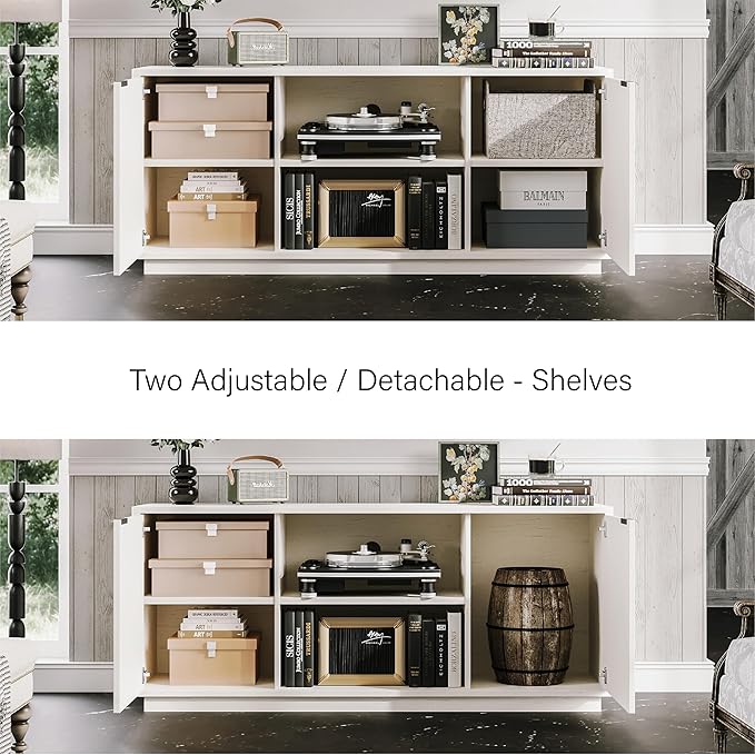 60'' Fluted TV Stand, Console Table, Mid Century Modern Curved TV Stands with Water Wave Shaped Door, Entertainment Center with Metal Handle, Living Room (Antique White Wood Grain)