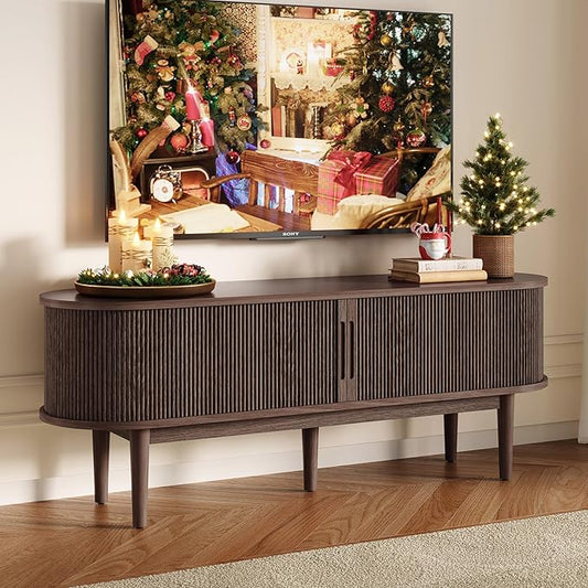LINSY HOME TV Stand for 65" TV, Mid-Century Modern 58" Entertainment Center with Sliding Tambour Door and Storage Cabinet, Cruved TV Media Console Table for Living Room, Bedroom, Walnut