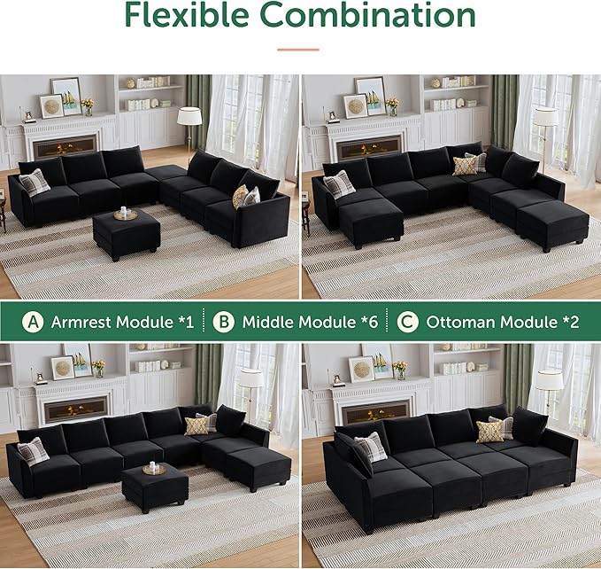 HONBAY Modular Sectional Sofa Velvet Sleeper Couch with Storage Seats Oversized Sectional Couches for Living Room,Black