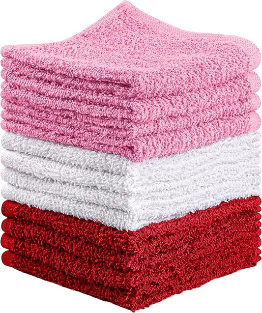 Towel and Linen Mart 100% Cotton - Wash Cloth Set - Flannel Face Cloths, Highly Absorbent and Soft Feel Fingertip Towels (Red, White & Pink, Pack of 12)