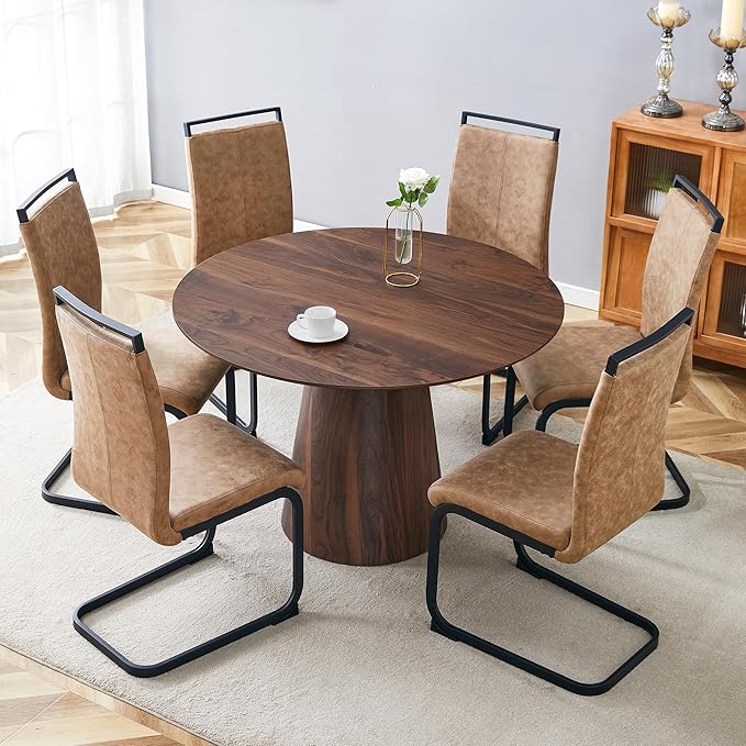 45 Inch Round Dining Table Set for 6, 7 Piece Kitchen Table and Chairs Set, Wooden Table with Walnut Finish, Small Space Dining Set for Apartment or Dining Room