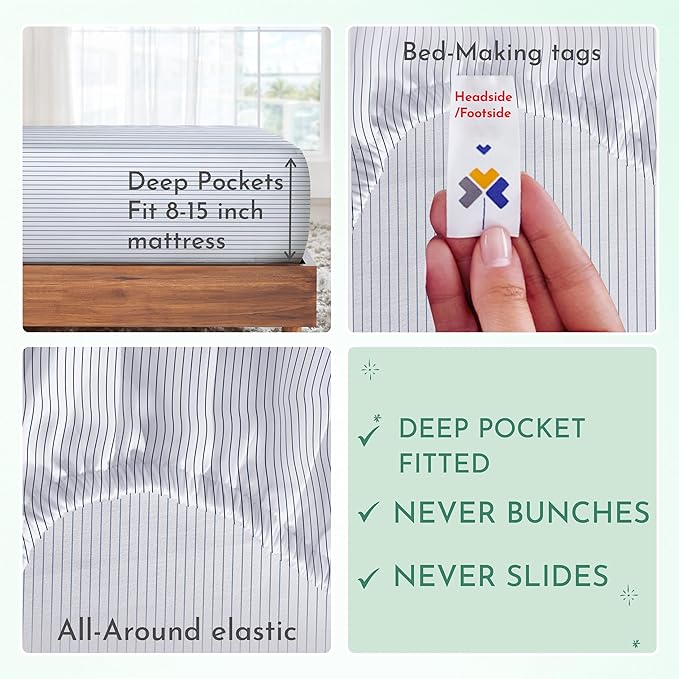 California Design Den Printed Striped Twin XL Sheets Set - Luxury 600 Thread Count, 100% Cotton Sateen, Hotel Quality Deep Pocket Extra Long Twin Sheets - Classic Blue Stripe Print