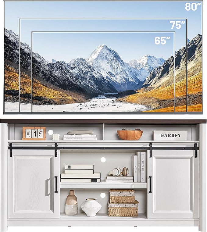 Rustic Farmhouse TV Stand for 80 Inch TVs, Large Entertainment Center with Storage, TV Console for Bedroom Living Room, Media Console Cabinet with Sliding Barn Doors, 70 Inch Wide, White & Walnut