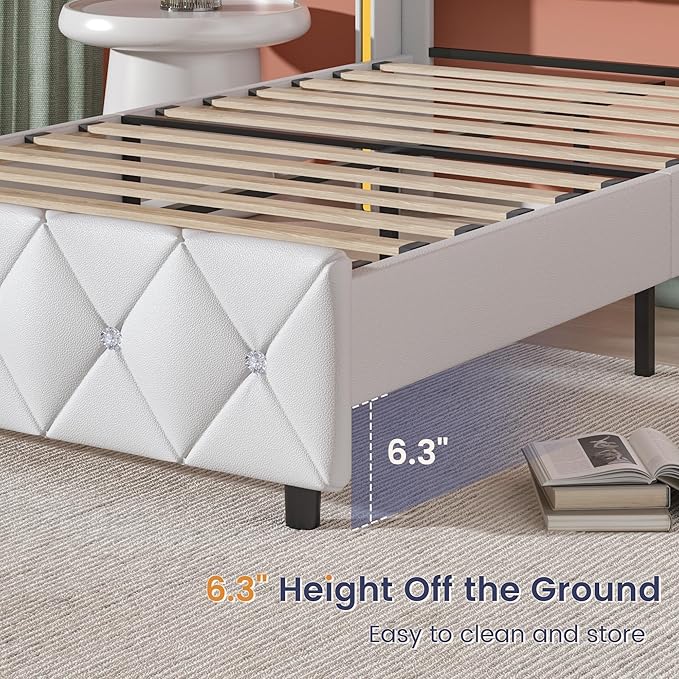 Full Upholstered Bed Frame with Headboard, Faux Leather Platform Bed with Wingback Design, Modern Diamond Bed Frame with Tufted Deep Button, No Box Spring Needed, Easy Assembly, White