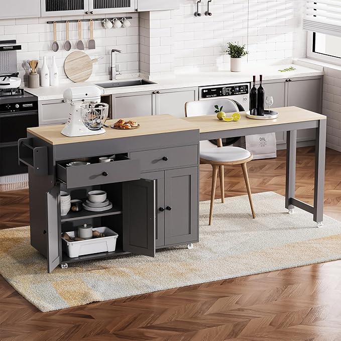 74.5" Rolling Kitchen Island on Wheels with Extendable Dining Table, Storage Cart with 2 Drawers, 4 Door Cabinet, Spice Rack for Kitchen, Dining Room, Grey