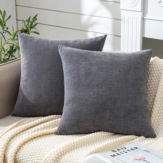 GAWAMAY Decorative Chenille Throw Pillow Covers 24x24 Inch Pack of 2, Soft Square Couch Pillow Cover for Sofa Cushion Living Room Bedroom Solid Dyed Pillowcases Grey 60x60cm (ONLY Covers)