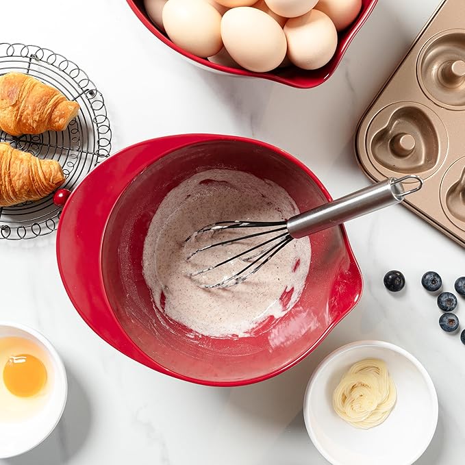 LEHAHA Set of 3 Melamine Mixing Bowls with Pour Spout, Non-Slip, BPA Free, Nesting large Serving Bowl with big handle for Prepping, Baking, Cooking, Kitchen Cooking and Baking Supplies, Burgundy Red