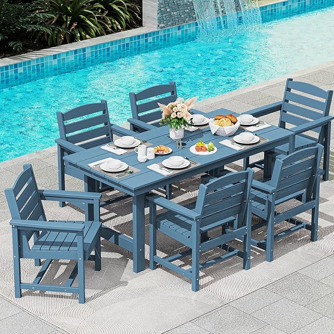 SERWALL Outdoor Dining Table, 67" Rectangle HDPE Dining Table for 6, Patio Table for Dining with Umbrella Hole, Blue