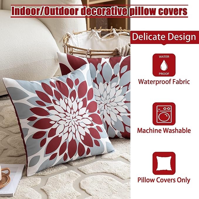 Qahing Pack of 4 Outdoor Waterproof Pillow Covers 18x18 Decorative Outdoor Throw Pillows Garden Square Cushion Cases for Patio Furniture, Couch, Tent Sunbrella, Bench, Burgundy Red Grey