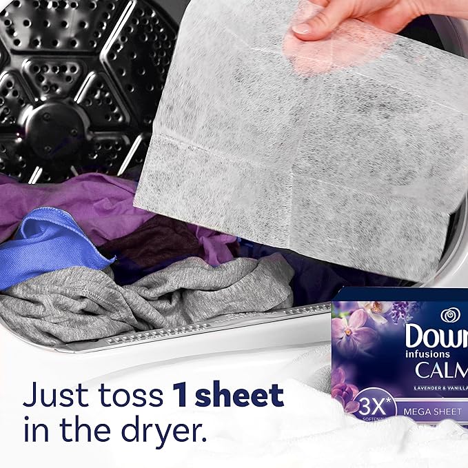Downy Infusions Mega Dryer Sheets, Laundry Fabric Softener, CALM, Lavender and Vanilla Bean, 130 Count