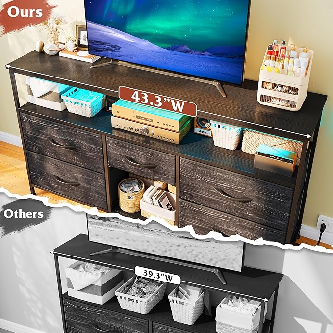 TV Stand Dresser with LED Lights & Power Outlets, Entertainment Center for 50" Inch TV, 5 Drawers TV Stand for Bedroom Dresser with Shelves for Living Room, Sturdy Metal Frame, Black