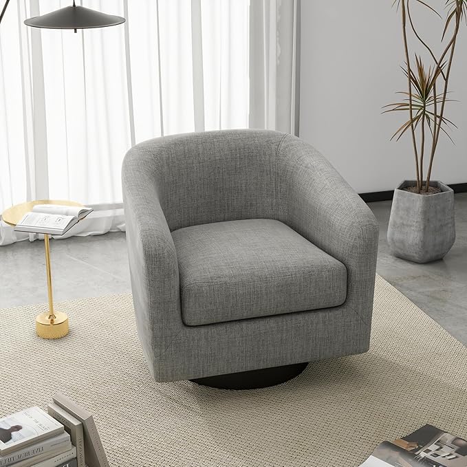 UIXE 360° Swivel Accent Chair, Fabric Barrel Club Chair Upholstered Armchair for Living Room, Round Arm Chair Bedroom Single Sofa Reading Seat - Flax Gray