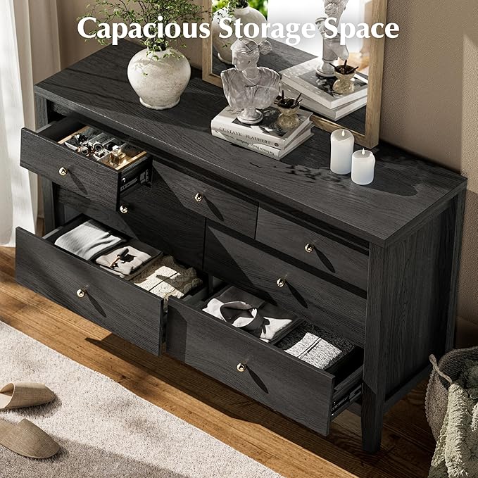 7 Drawers Dresser with Beveled Panel, Farmhouse Chest of Dressers for Bedroom, Wood Dresser TV Stand, Drawer Organizer for Bedroom, Living Room, Black