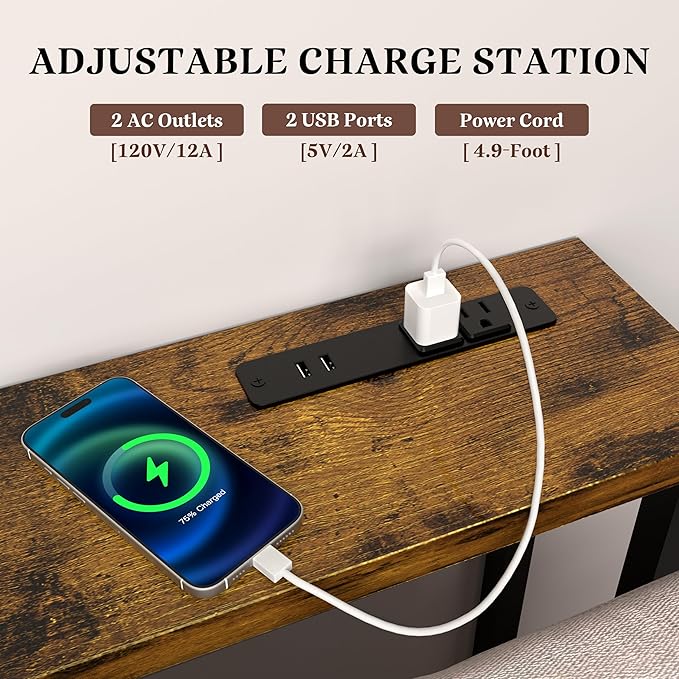 GRLEAF 90" Sofa Table with Built-in Power Strip (4 AC Outlets & 4 USB Ports) – 4.9ft Power Cord, Metal Frame, Easy Assembly, Long Couch Table Behind Sofa, Living Room and Home Office | Rustic Brown