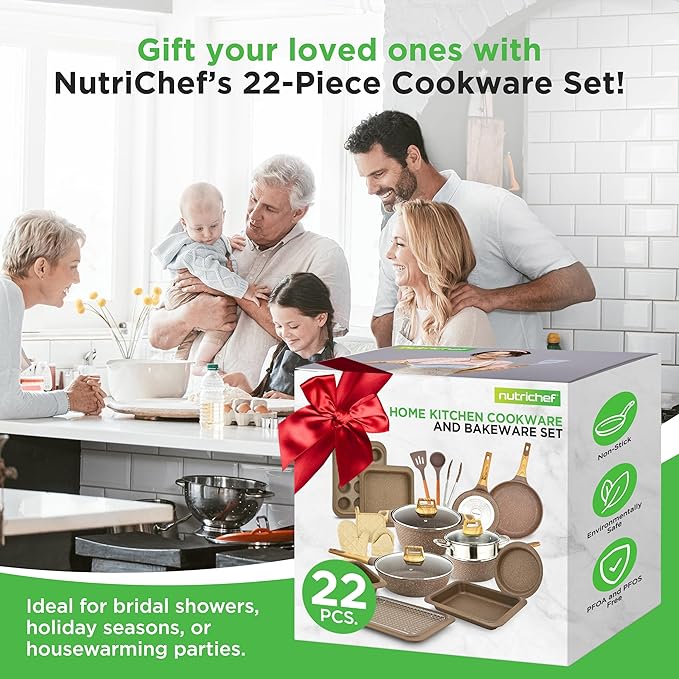 Nutrichef 22-Piece Black Marble Non-Stick Cookware and Bakeware Set - Professional Home Kitchen Collection with Multi-Sized Pots, Pans, and Heat-Resistant Tools