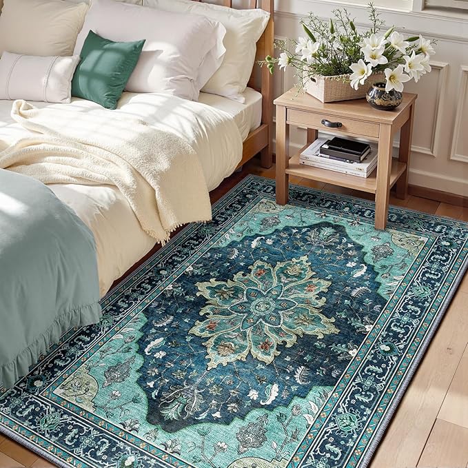 Area Rugs 3'x5' Washable Non-Slip, Floral Vintage Distress Print Pattern Medallion Carpet for Living Room Bedroom Dining Room, Teal Green Lake Blue Turquoise