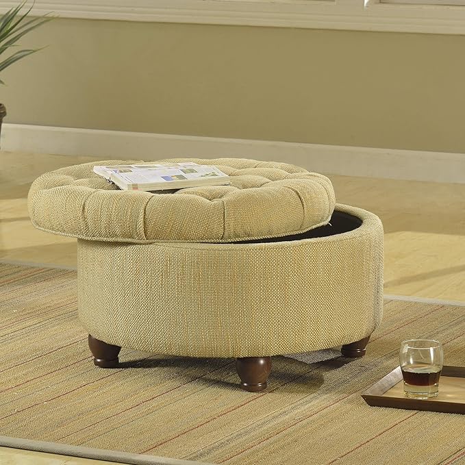HomePop Home Decor |N8264-F1077 | Button Tufted Woven Round Storage Ottoman | Ottoman with Storage for Living Room & Bedroom, Tan & Cream Tweed