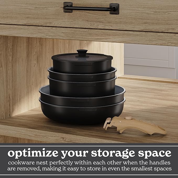 Country Kitchen Cookware Set with Removable Handle, Oven & RV Safe Pots and Pans Set, Black/Grey Wood Handle, Original