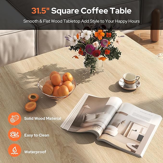 Square Coffee Table, Wooden Coffee Table with Storage and Cat House, Cocktail Table for Living Room, Farmhouse Large Natural Wood Center Table