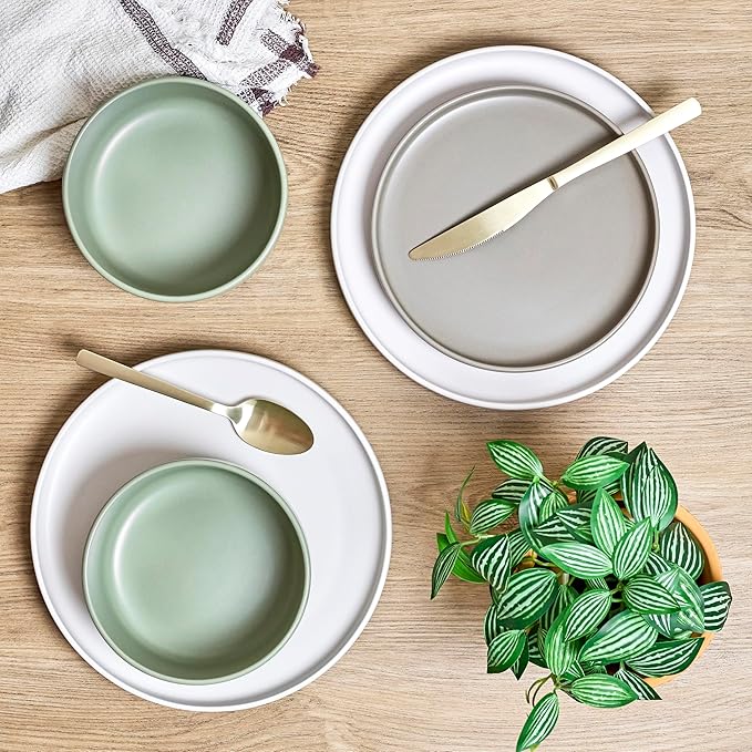 Sango Rollo Alta 12-Piece Modern Stoneware Dinnerware Set- Sage/Sand/White, Includes Dinner & Salad Plates, Cereal Bowls, Microwave & Dishwasher Safe, Highly Chip and Crack Resistant, Service for 4