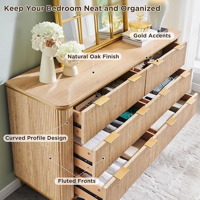 T4TREAM 6-Drawer Dresser Fluted Design, with Gold Accents (Natural Oak)