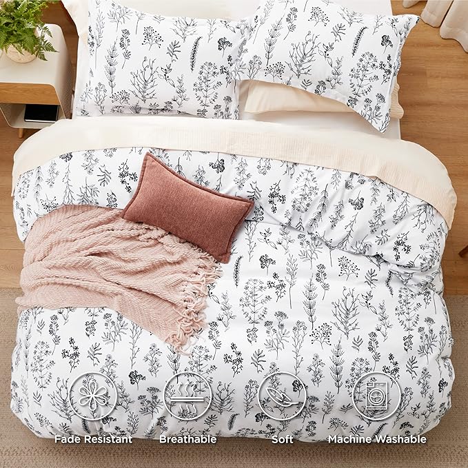 Bedsure King Comforter Set - Bright White Bed Set, 3 Pieces Cute Floral Bedding, 1 Soft Reversible Botanical Flowers Comforter and 2 Pillow Shams