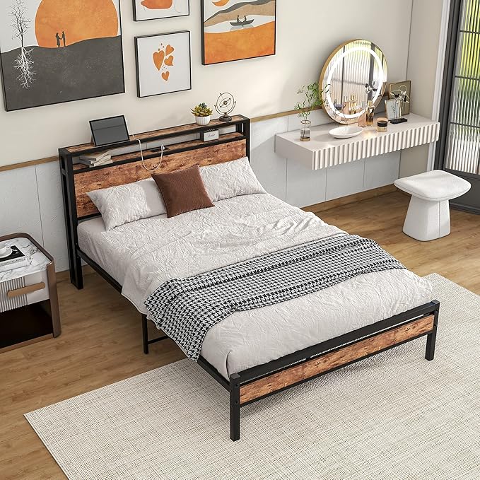 Full Size Bed Frame with Storage Headboard/USB Charging Station,Metal Platform Bed Frame Full Size No Box Spring Needed,Noise-Free,Strong Steel Slats Support,Rustic Brown