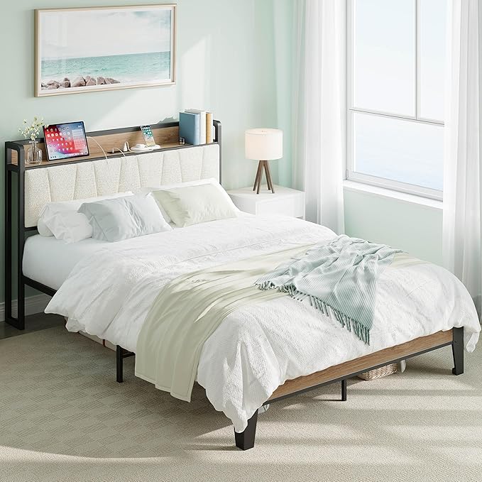LIKIMIO Queen Bed Frames, Storage Headboard with Charging Station, Solid and Stable, Noise Free, No Box Spring Needed, Easy Assembly, Wood and Cream
