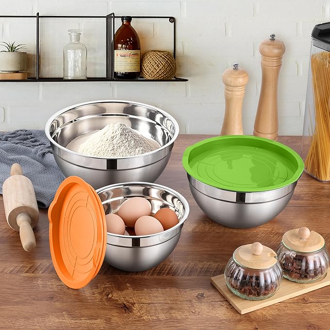 LIANYU Mixing Bowls with Lid Sets of 3, Large & Small Stainless Steel Metal Salad Mixing Bowls, 1.5 & 3 & 4.6QT Sizes For Kitchen Cooking, Baking, Storage, Food Prepping, Serving, Three-Color