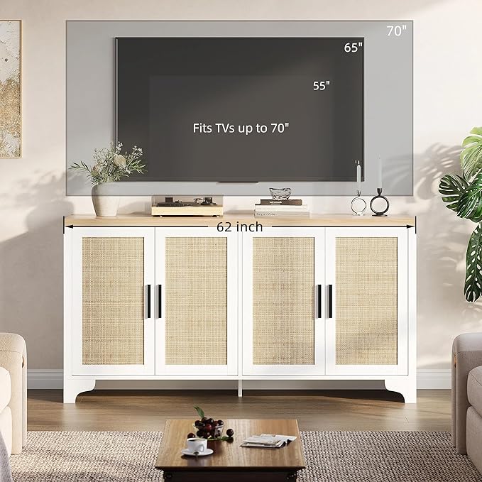 GAOMON TV Stand for TVs Up to 70'', Natural Rattan Entertainment Center with Storage Cabinets, Boho Media Console Table for Living Room, Farmhouse Cabinet, White