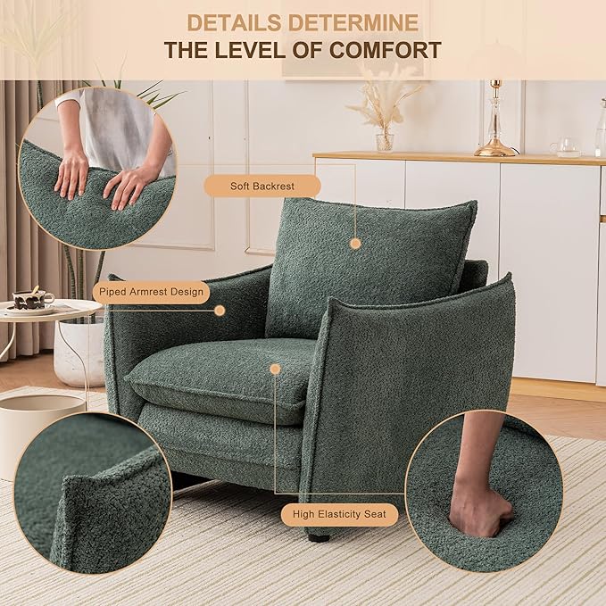 Oversized Accent Chair, Modern Single Sofa Cloud Chairs with Removable Pillow, Deep Seat Comfy Armchair for Living Room Bedroom Reading Nook - Upholstered Lounge Chair (Green, Set of 2)