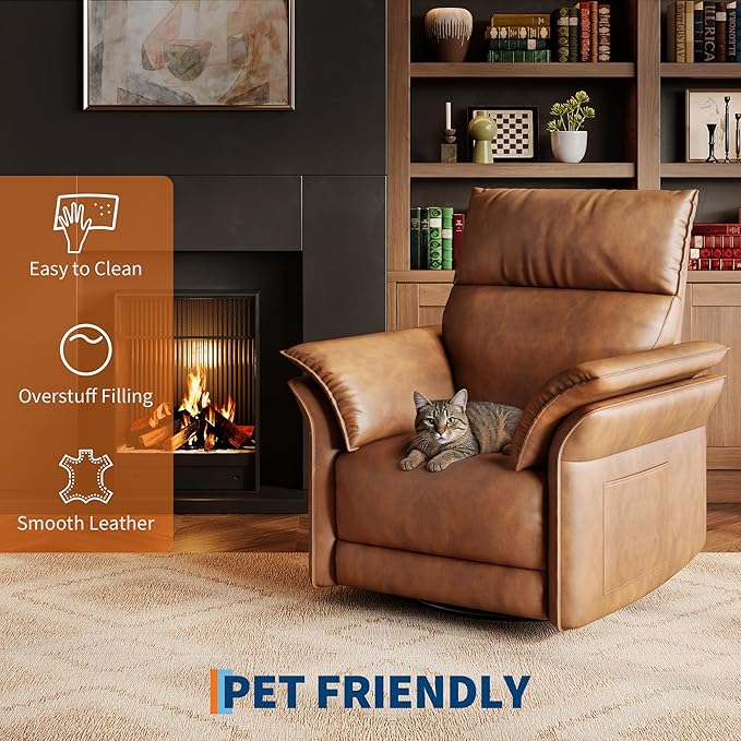 GarveeHome Power Recliner Chair Swivel Glider Upholstered Faux Leather Nursery Rocker Reclining Sofa Chair with Charging Port, Curved Armrests & Padded Backrest (Orange)