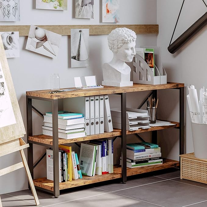 IRONCK Rustic Entryway Console Table, Long Hallway Table 55 in 3-Tier, TV Stand Entertainment Center Media Stand for Living Room, Industrial Style, Vintage Brown