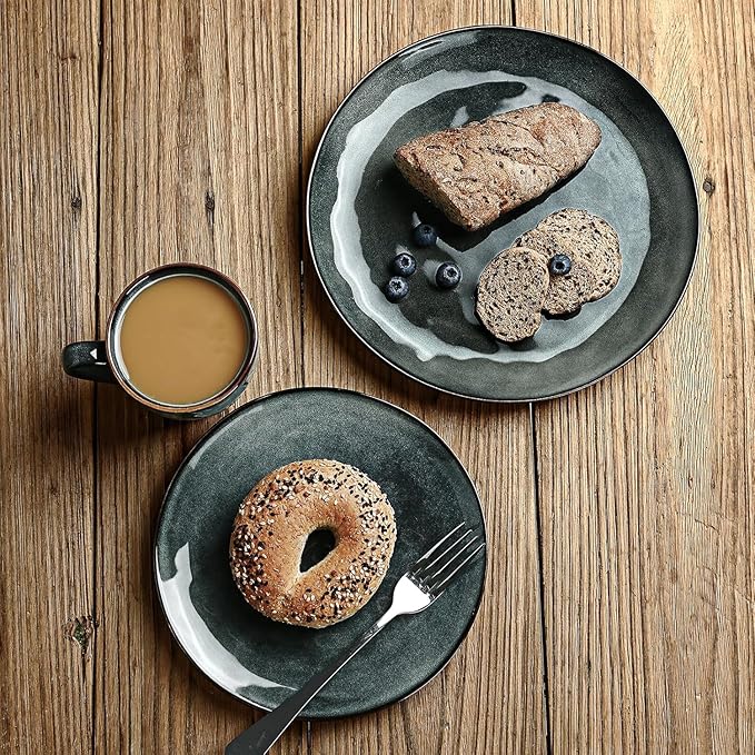 Famiware Dinnerware Sets for 8, Ocean Round 24-Piece Kitchen Plates and Bowls Sets, Microwave and Dishwasher Safe, Scratch Resistant, Deep Forest