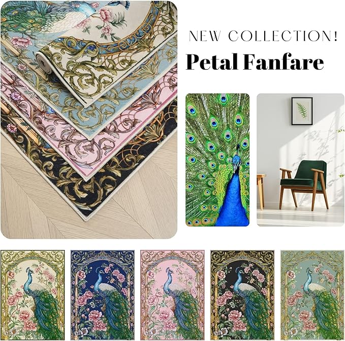 Area Rugs 8x10 Rug for Living Room Clearance Washable Floral Peacock Non Slip Vintage Low Pile Large Rug for Living Room, Bedroom, Farmhouse, Dining Room, Kids Playroom(Pink)